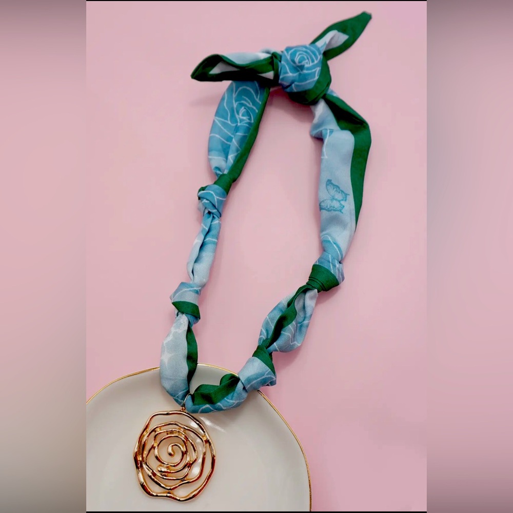 Blue and Green Scarf Necklace with Gold Pendant